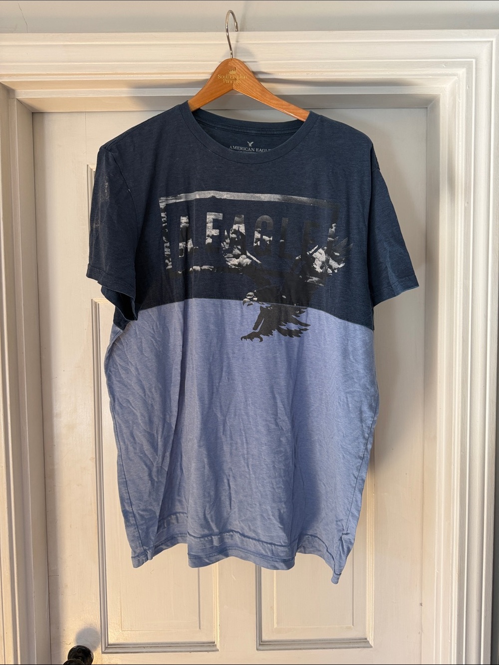 American Eagle Outfitters Navy and Light Blue Two-Tone Graphic Tee